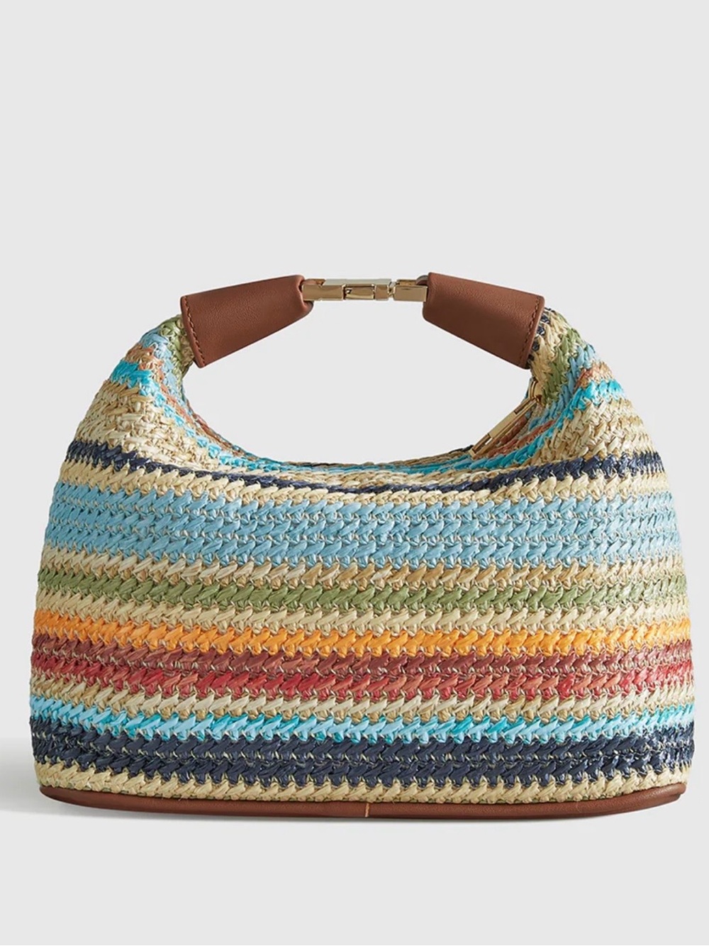 Color-Block Striped Straw Handbag with Leather Strap